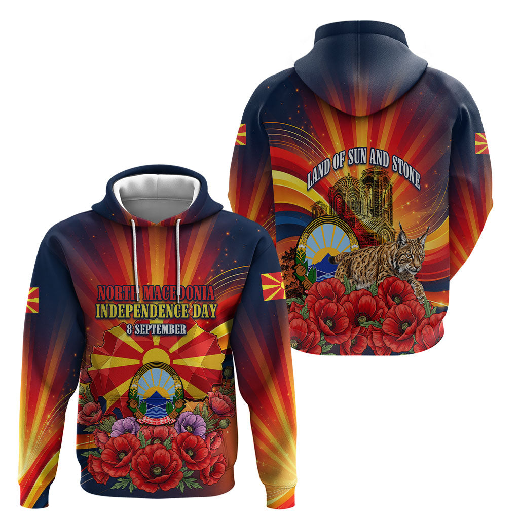 North Macedonia Independence Day Hoodie Balkan Lynx Red Poppy Flowers Church Flag