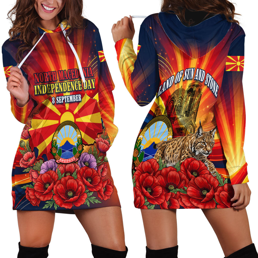 North Macedonia Independence Day Hoodie Dress Balkan Lynx Red Poppy Flowers Church Flag