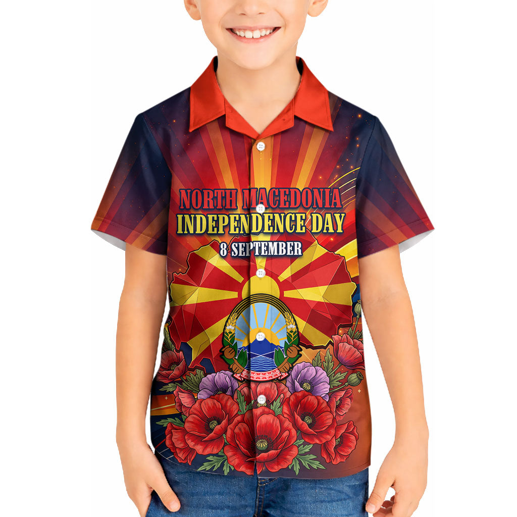 North Macedonia Independence Day Kid Hawaiian Shirt Balkan Lynx Red Poppy Flowers Church Flag