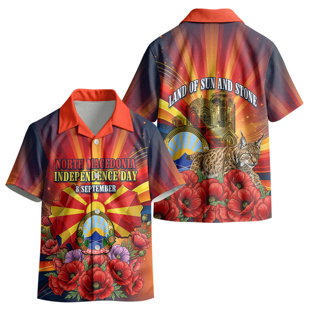 North Macedonia Independence Day Kid Hawaiian Shirt Balkan Lynx Red Poppy Flowers Church Flag
