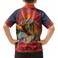North Macedonia Independence Day Kid Hawaiian Shirt Balkan Lynx Red Poppy Flowers Church Flag