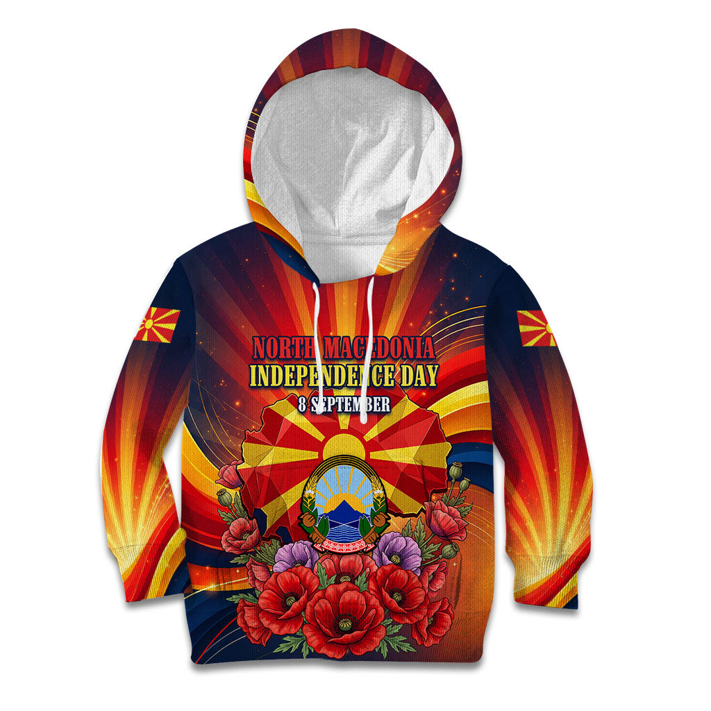 North Macedonia Independence Day Kid Hoodie Balkan Lynx Red Poppy Flowers Church Flag