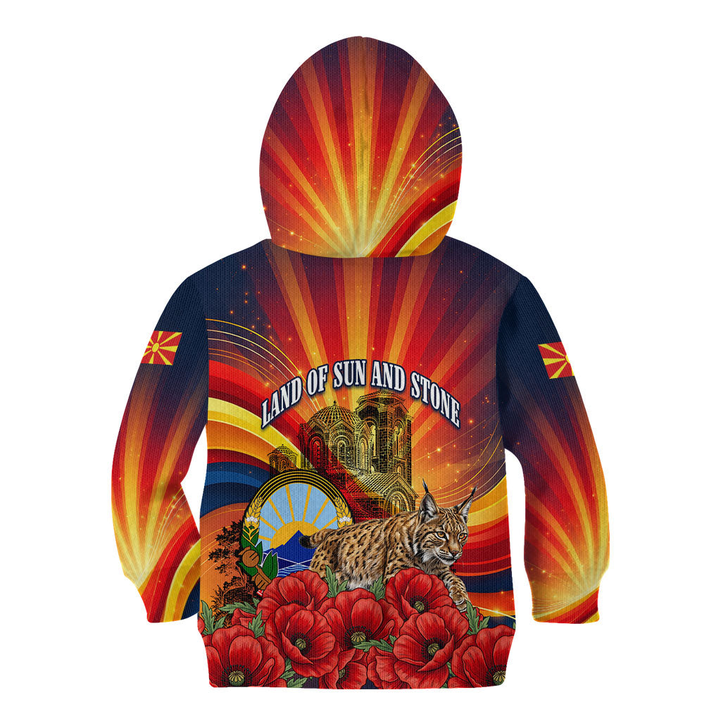 North Macedonia Independence Day Kid Hoodie Balkan Lynx Red Poppy Flowers Church Flag