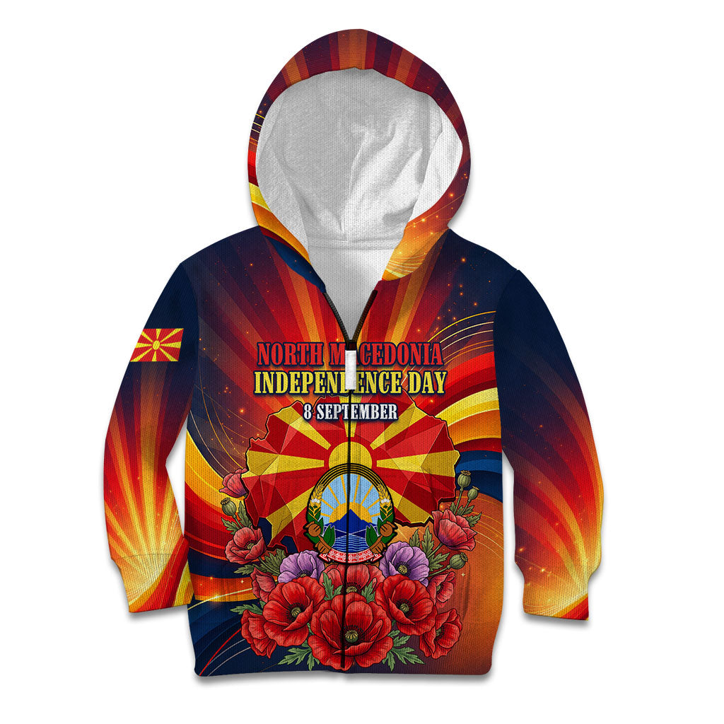 North Macedonia Independence Day Kid Hoodie Balkan Lynx Red Poppy Flowers Church Flag