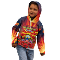North Macedonia Independence Day Kid Hoodie Balkan Lynx Red Poppy Flowers Church Flag
