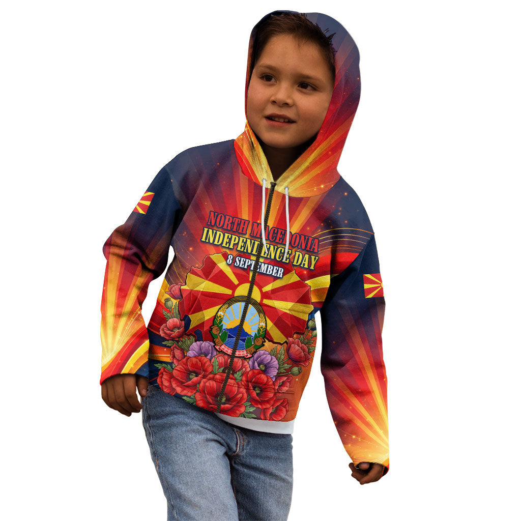 North Macedonia Independence Day Kid Hoodie Balkan Lynx Red Poppy Flowers Church Flag