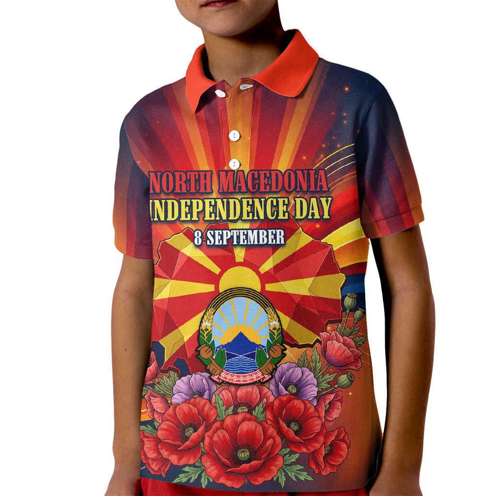 North Macedonia Independence Day Kid Polo Shirt Balkan Lynx Red Poppy Flowers Church Flag