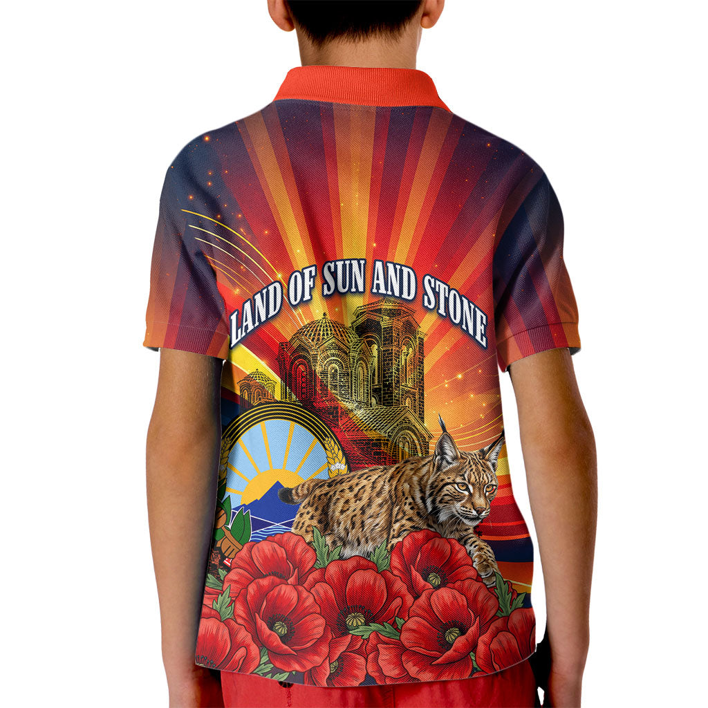 North Macedonia Independence Day Kid Polo Shirt Balkan Lynx Red Poppy Flowers Church Flag
