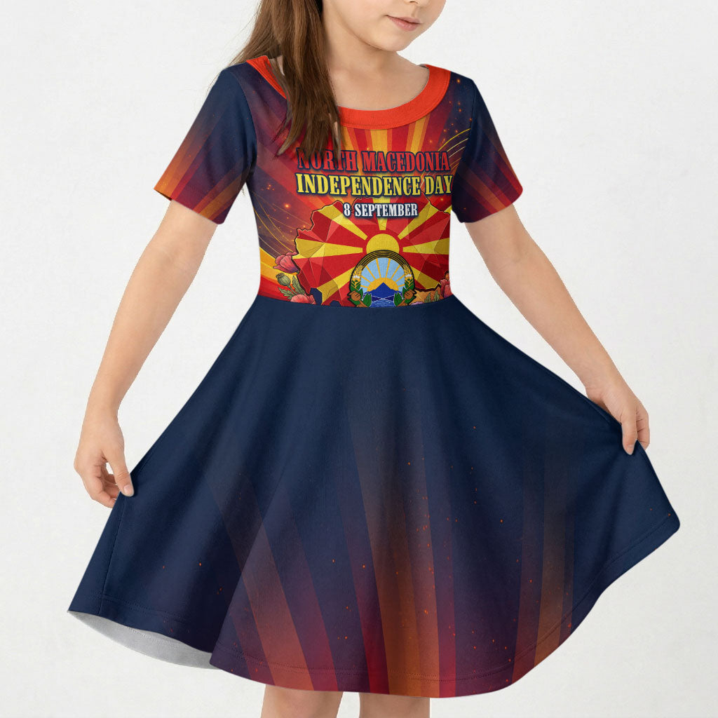 North Macedonia Independence Day Kid Short Sleeve Dress Balkan Lynx Red Poppy Flowers Church Flag