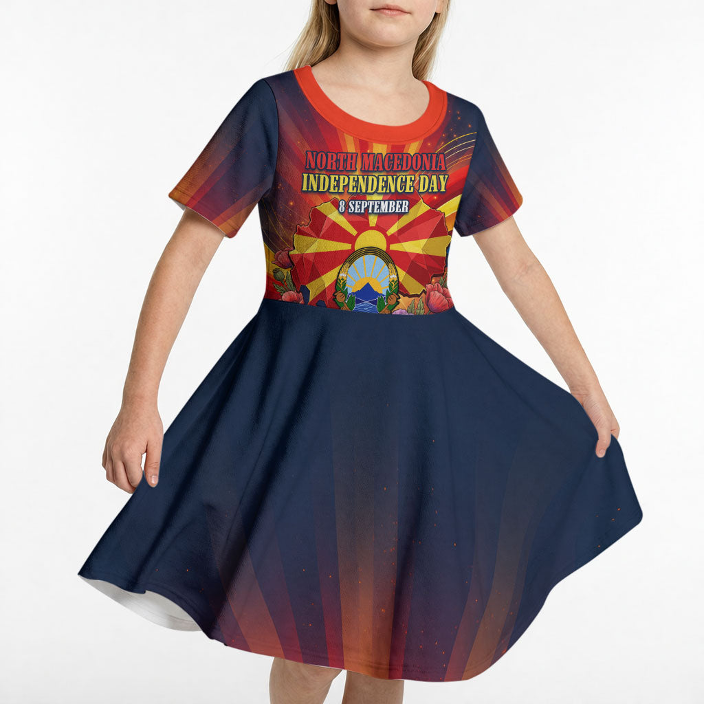 North Macedonia Independence Day Kid Short Sleeve Dress Balkan Lynx Red Poppy Flowers Church Flag