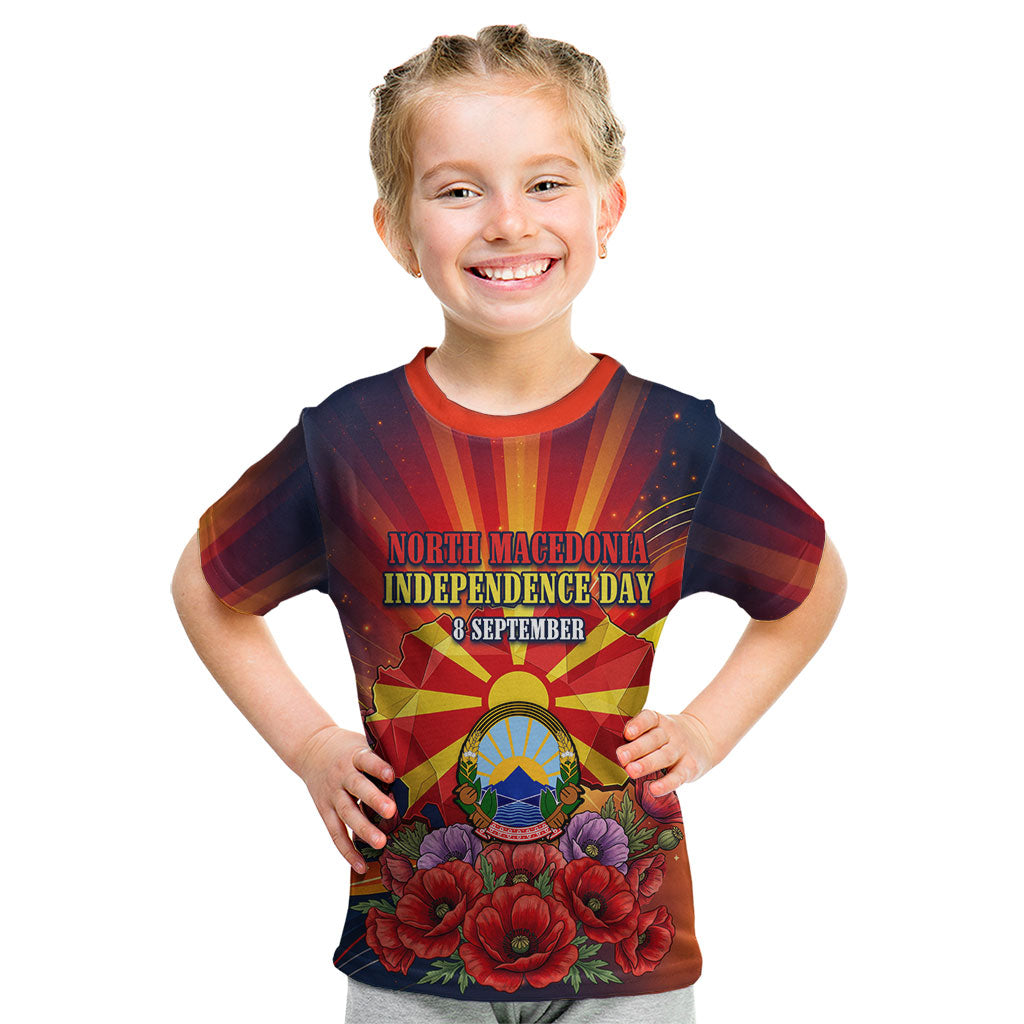 North Macedonia Independence Day Kid T Shirt Balkan Lynx Red Poppy Flowers Church Flag