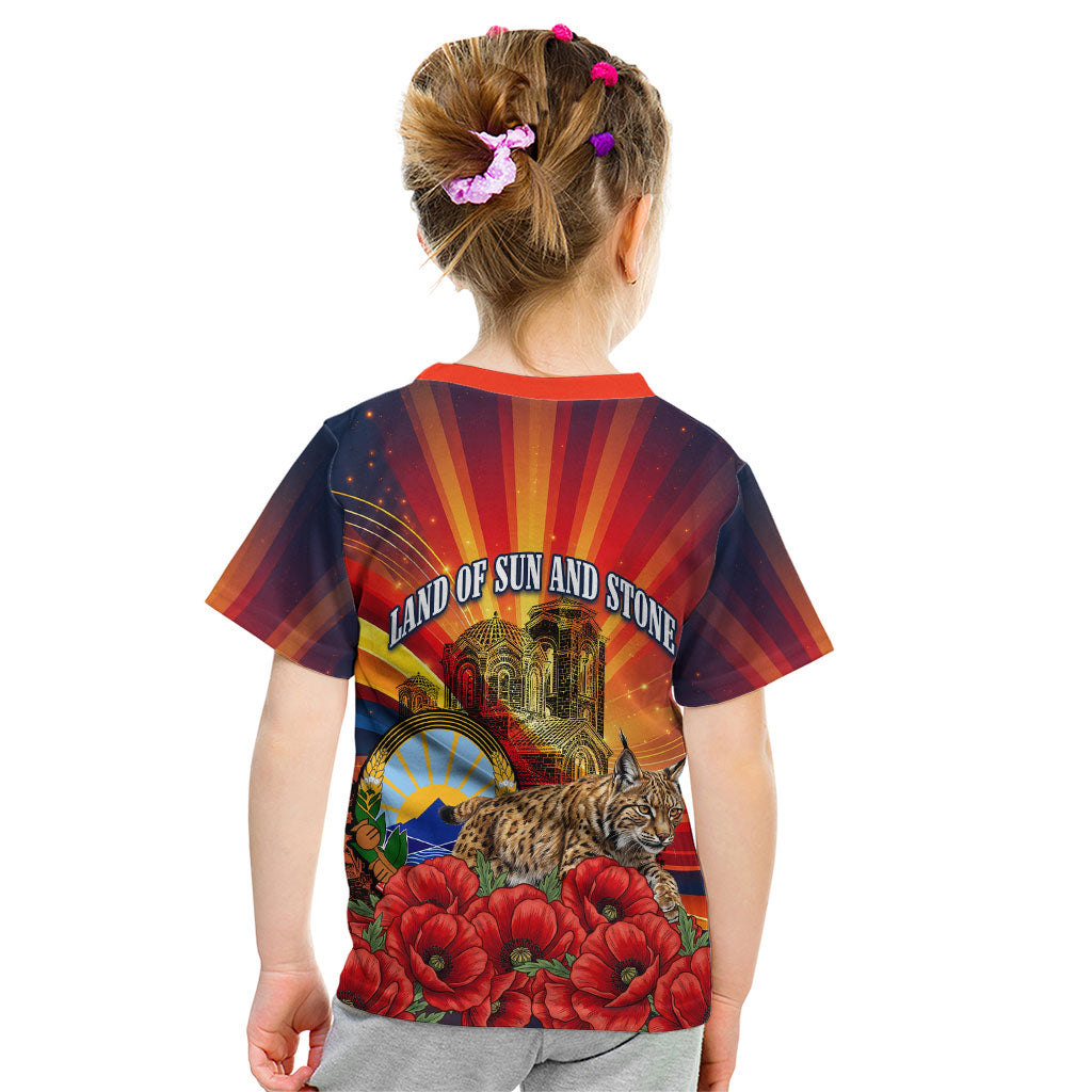 North Macedonia Independence Day Kid T Shirt Balkan Lynx Red Poppy Flowers Church Flag