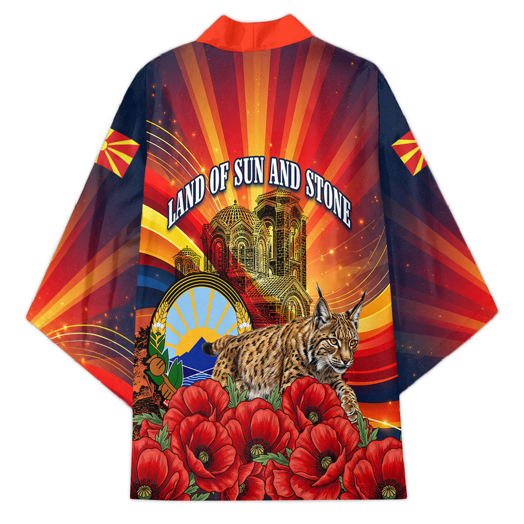 North Macedonia Independence Day Kimono Balkan Lynx Red Poppy Flowers Church Flag