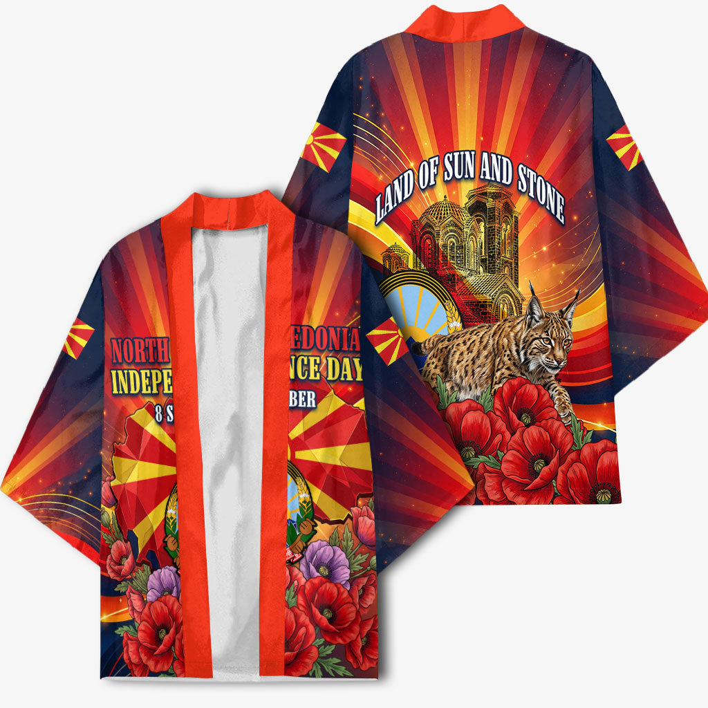 North Macedonia Independence Day Kimono Balkan Lynx Red Poppy Flowers Church Flag
