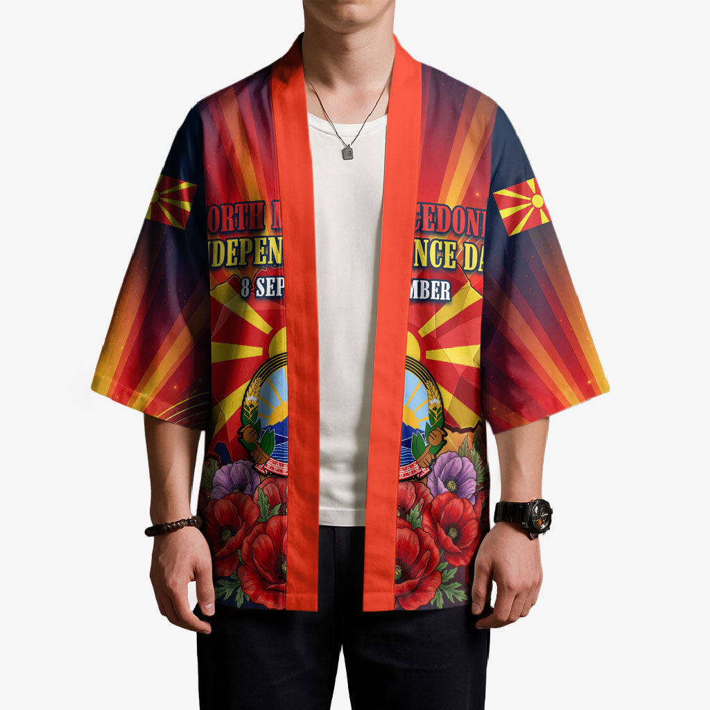 North Macedonia Independence Day Kimono Balkan Lynx Red Poppy Flowers Church Flag