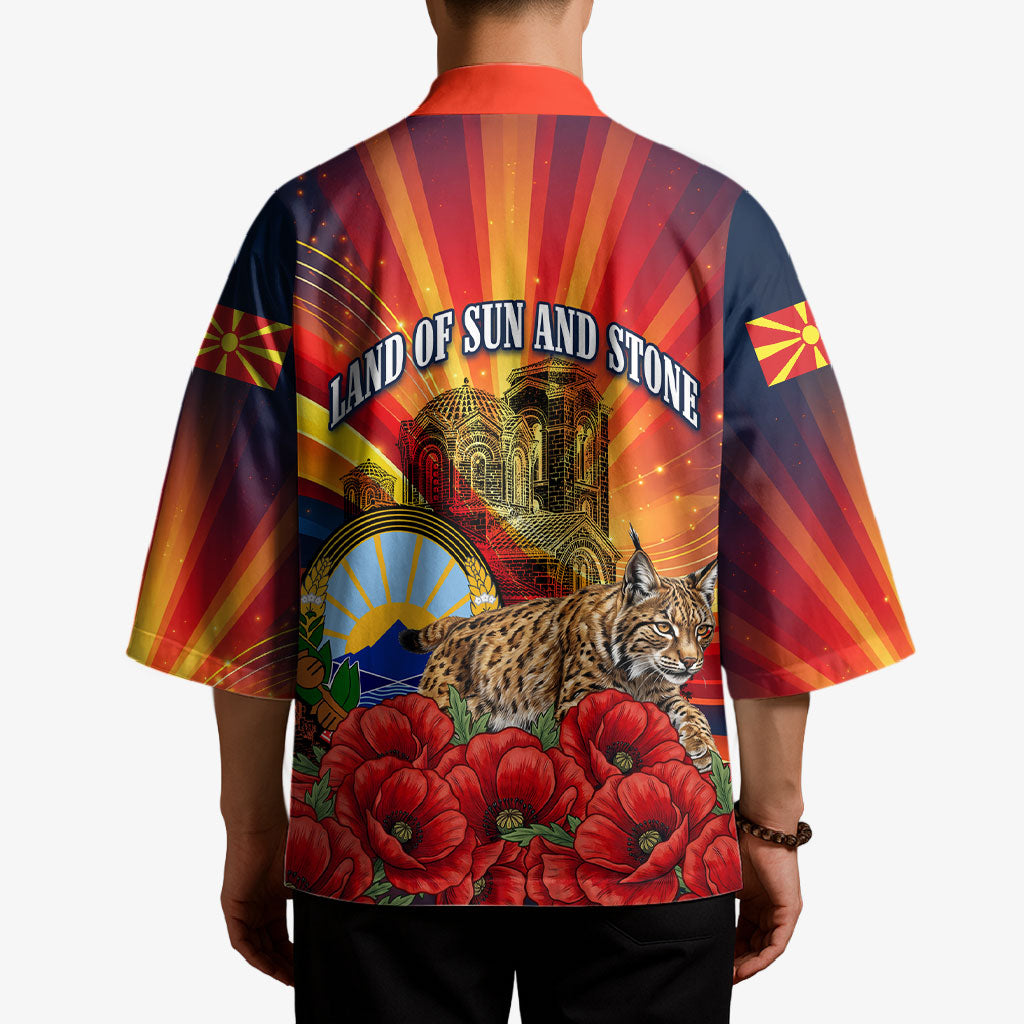 North Macedonia Independence Day Kimono Balkan Lynx Red Poppy Flowers Church Flag