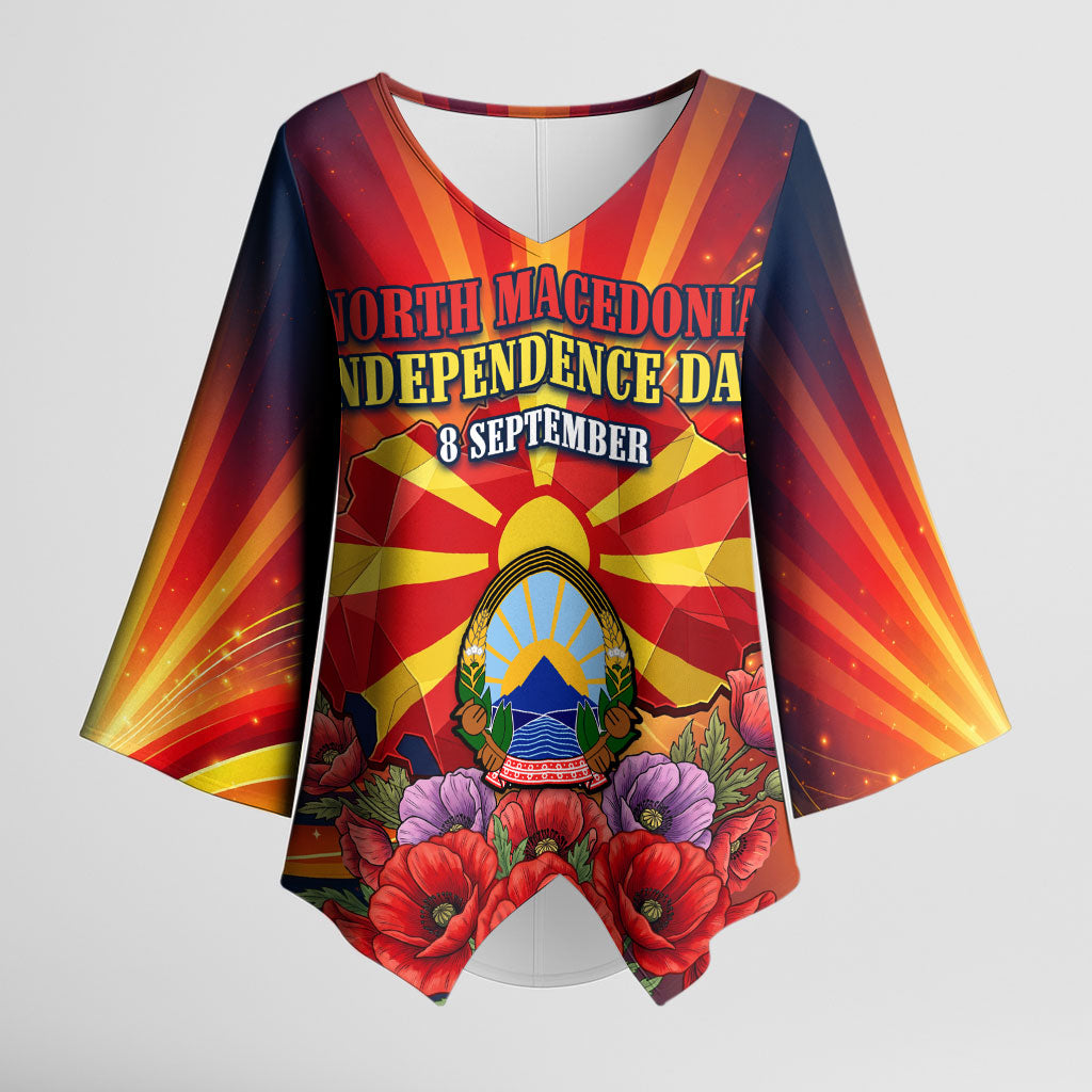North Macedonia Independence Day Kimono Sleeve Blouse Balkan Lynx Red Poppy Flowers Church Flag
