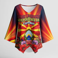 North Macedonia Independence Day Kimono Sleeve Blouse Balkan Lynx Red Poppy Flowers Church Flag