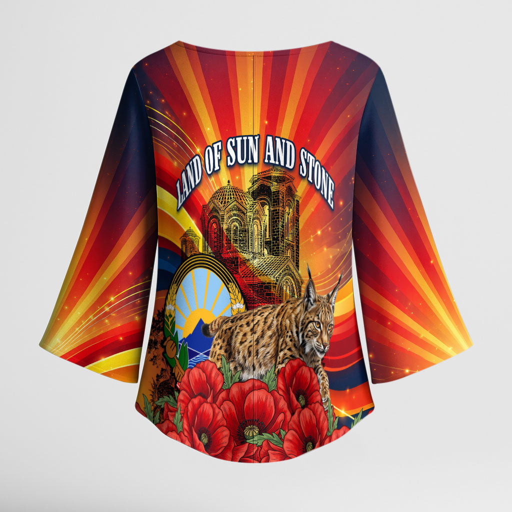North Macedonia Independence Day Kimono Sleeve Blouse Balkan Lynx Red Poppy Flowers Church Flag