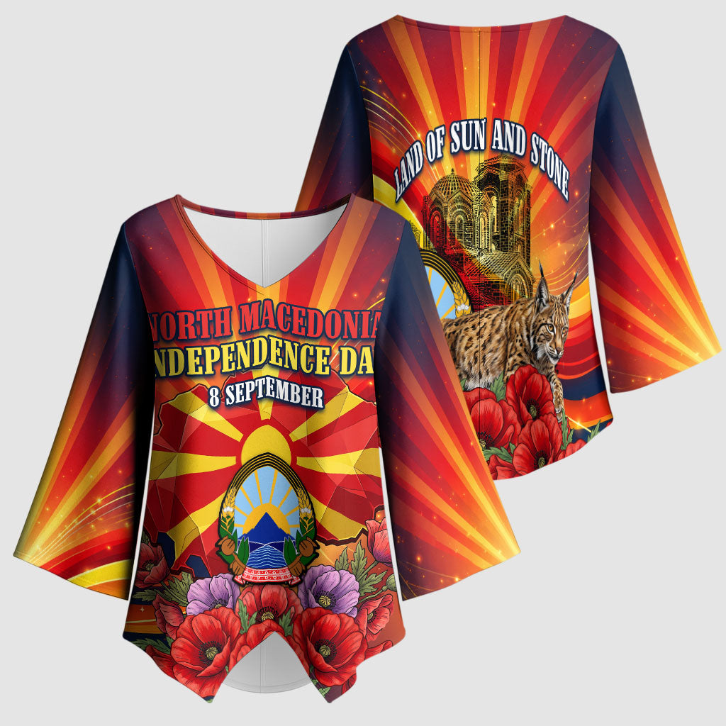 North Macedonia Independence Day Kimono Sleeve Blouse Balkan Lynx Red Poppy Flowers Church Flag