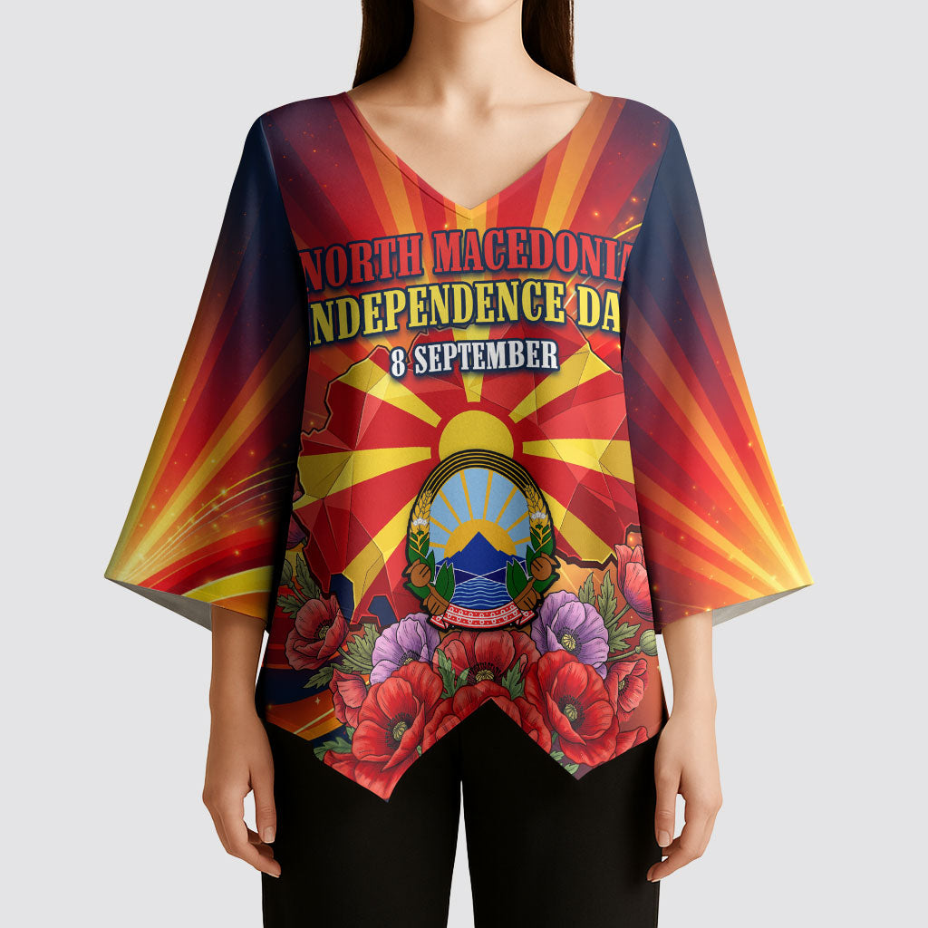 North Macedonia Independence Day Kimono Sleeve Blouse Balkan Lynx Red Poppy Flowers Church Flag