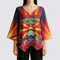 North Macedonia Independence Day Kimono Sleeve Blouse Balkan Lynx Red Poppy Flowers Church Flag