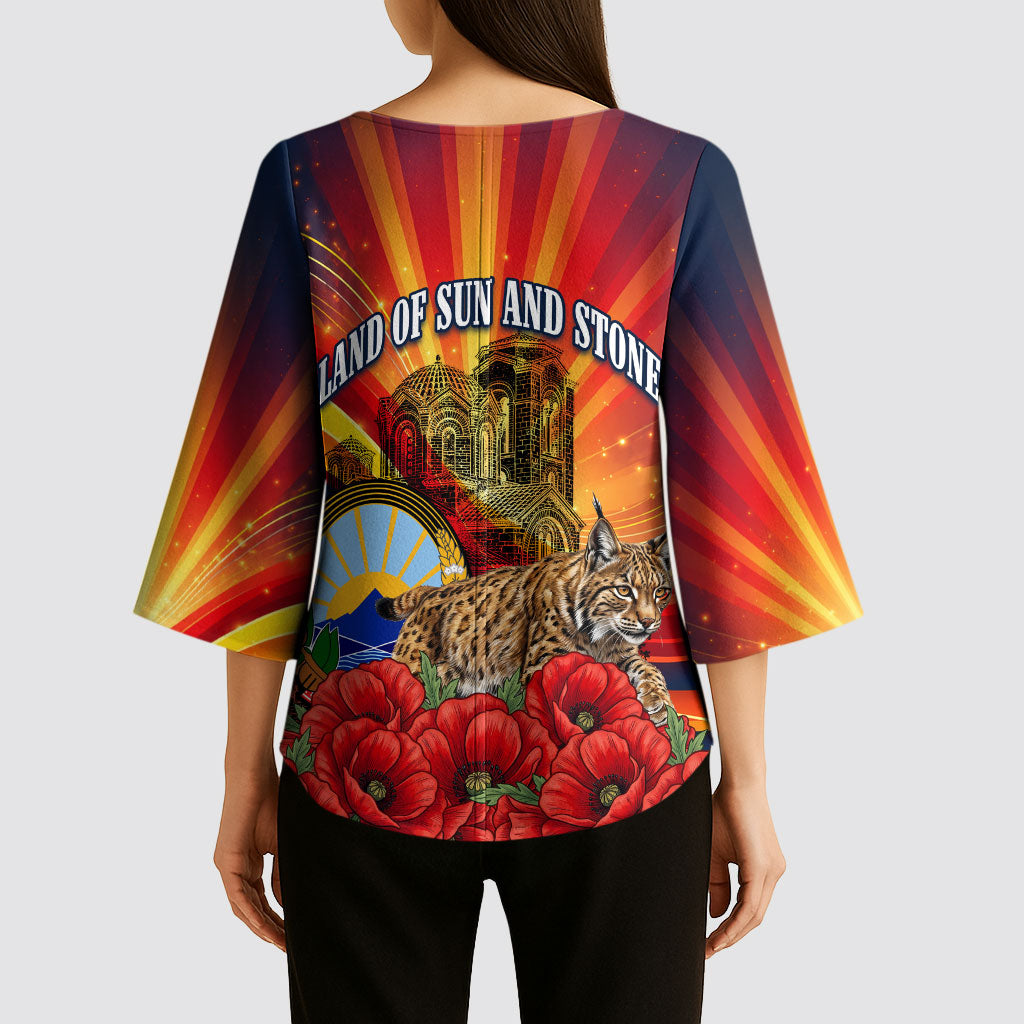 North Macedonia Independence Day Kimono Sleeve Blouse Balkan Lynx Red Poppy Flowers Church Flag