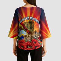 North Macedonia Independence Day Kimono Sleeve Blouse Balkan Lynx Red Poppy Flowers Church Flag
