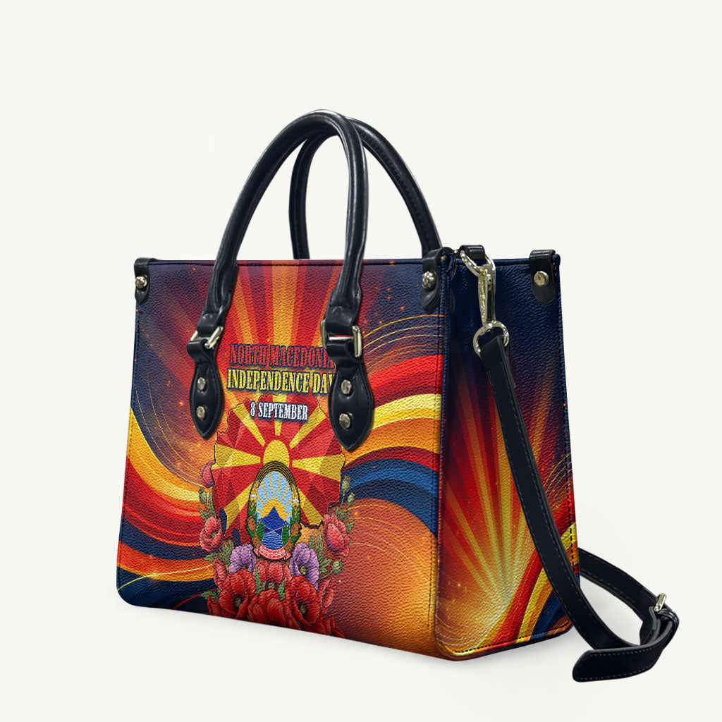 North Macedonia Independence Day Leather Bag Balkan Lynx Red Poppy Flowers Church Flag