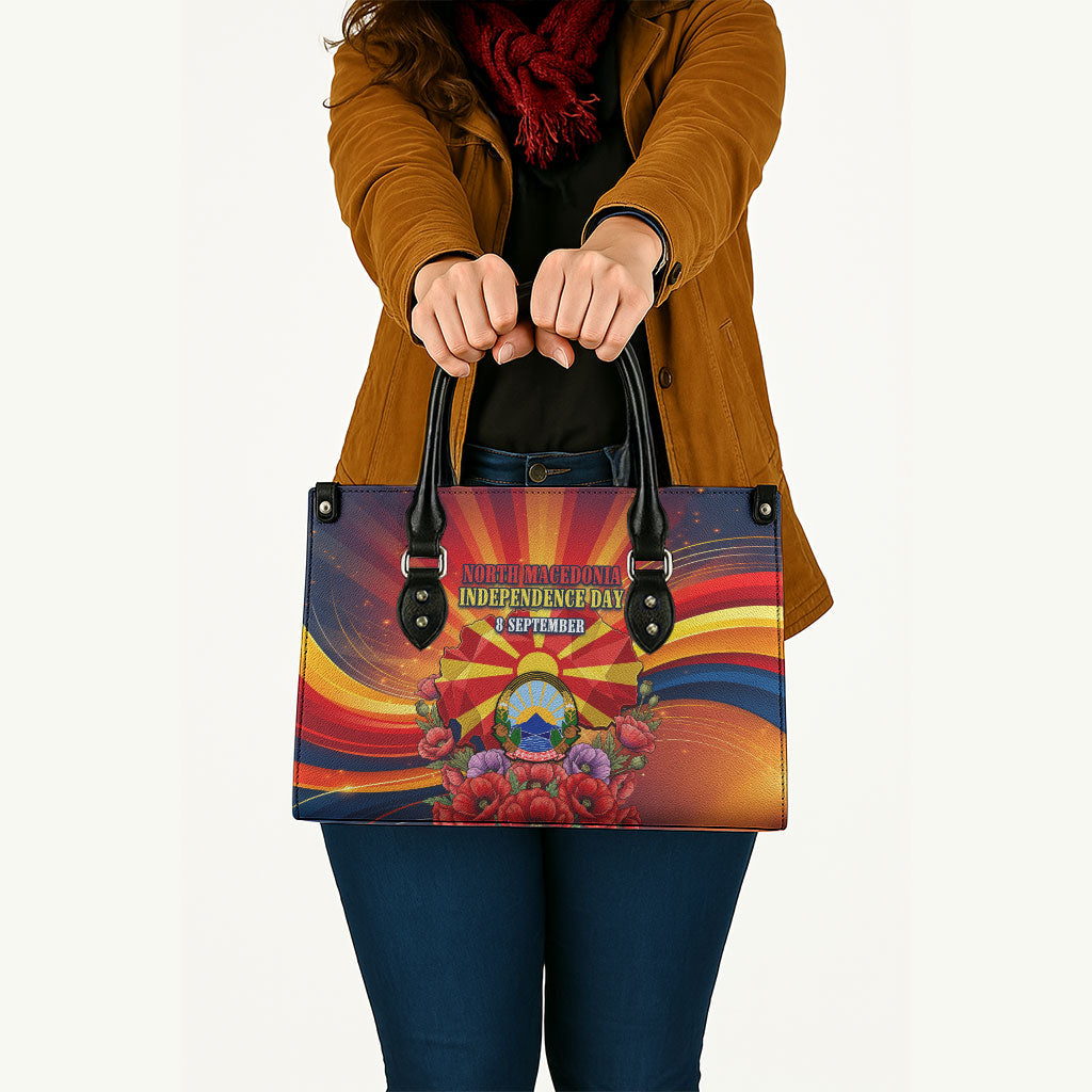 North Macedonia Independence Day Leather Bag Balkan Lynx Red Poppy Flowers Church Flag