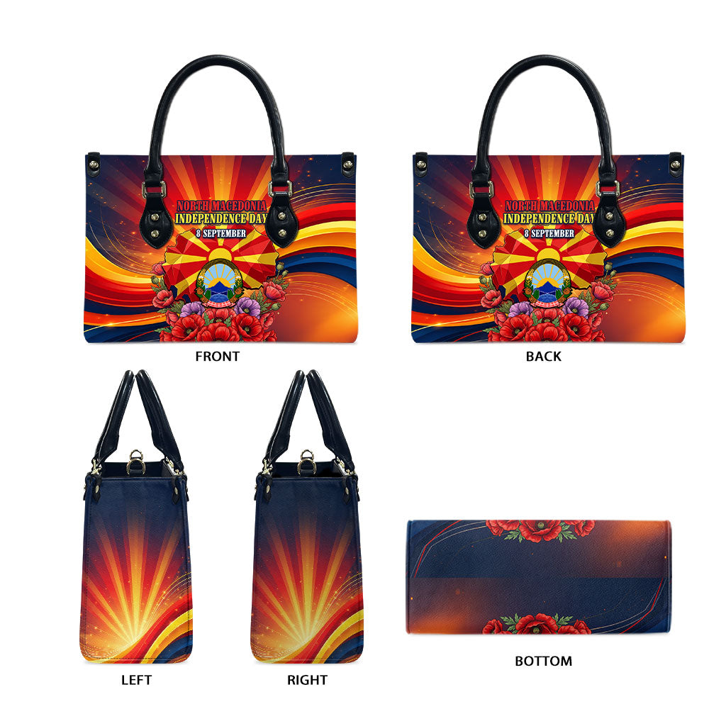 North Macedonia Independence Day Leather Bag Balkan Lynx Red Poppy Flowers Church Flag