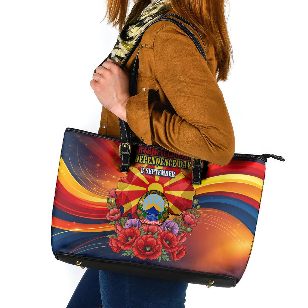 North Macedonia Independence Day Leather Tote Bag Balkan Lynx Red Poppy Flowers Church Flag