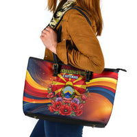 North Macedonia Independence Day Leather Tote Bag Balkan Lynx Red Poppy Flowers Church Flag