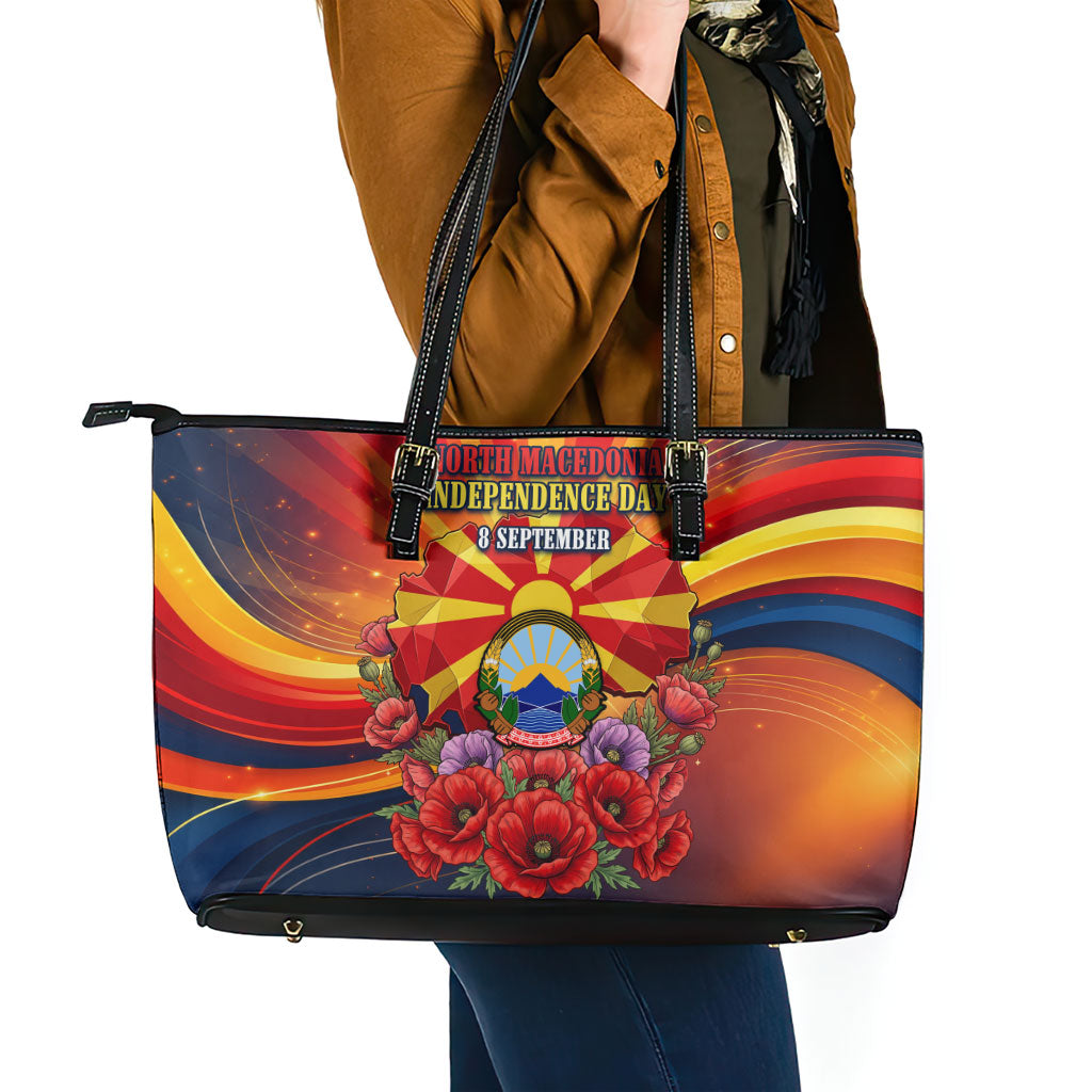 North Macedonia Independence Day Leather Tote Bag Balkan Lynx Red Poppy Flowers Church Flag