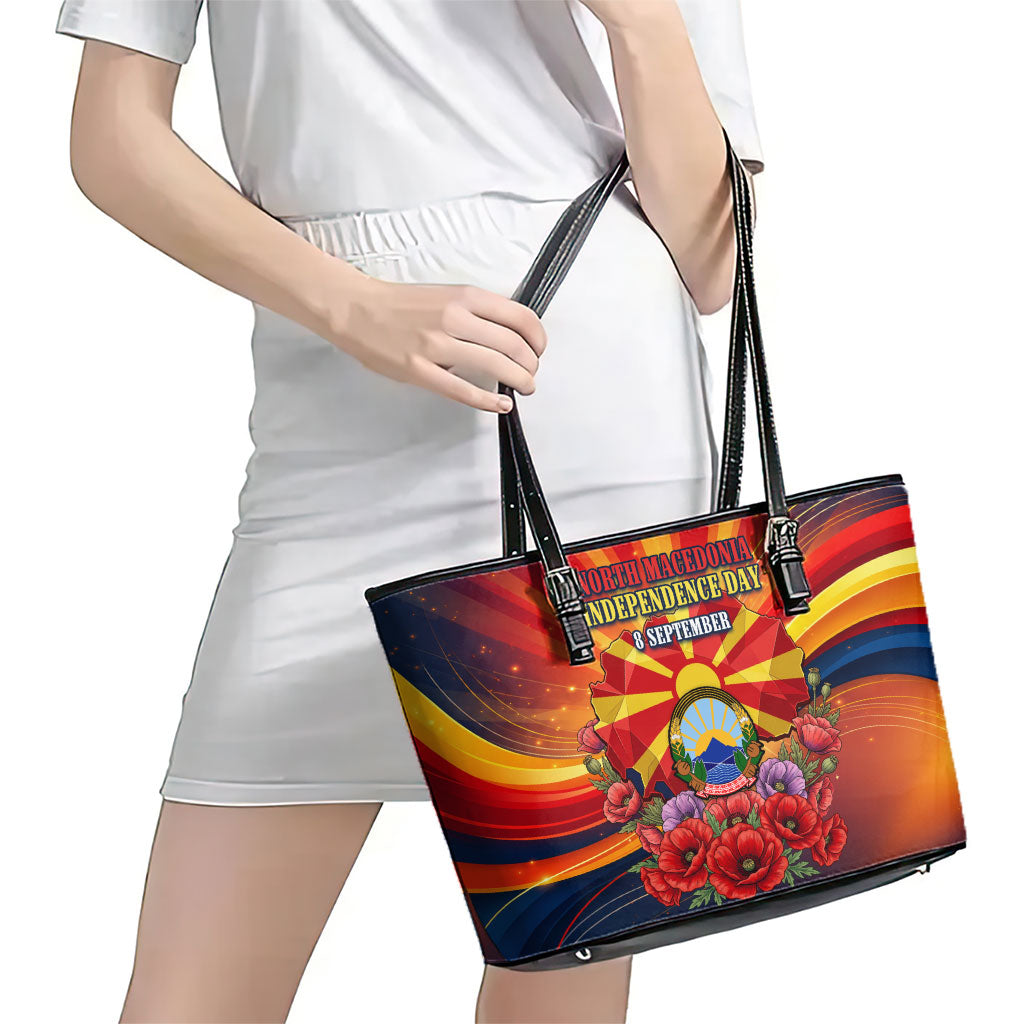 North Macedonia Independence Day Leather Tote Bag Balkan Lynx Red Poppy Flowers Church Flag