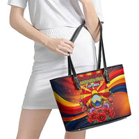North Macedonia Independence Day Leather Tote Bag Balkan Lynx Red Poppy Flowers Church Flag