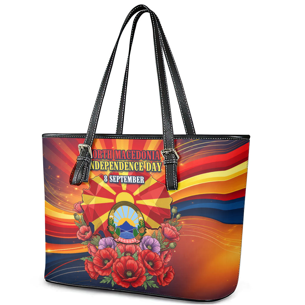North Macedonia Independence Day Leather Tote Bag Balkan Lynx Red Poppy Flowers Church Flag