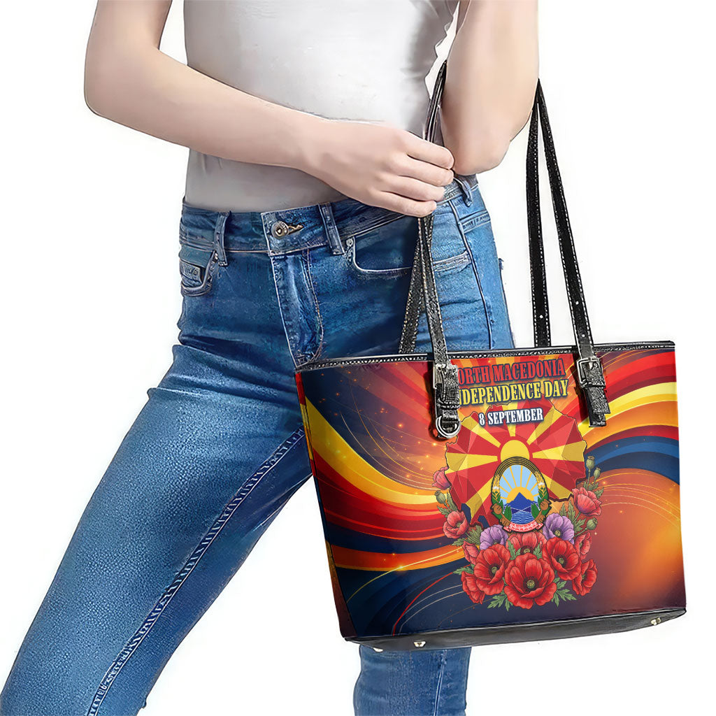 North Macedonia Independence Day Leather Tote Bag Balkan Lynx Red Poppy Flowers Church Flag
