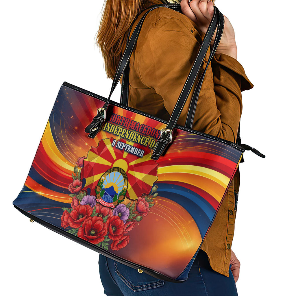 North Macedonia Independence Day Leather Tote Bag Balkan Lynx Red Poppy Flowers Church Flag