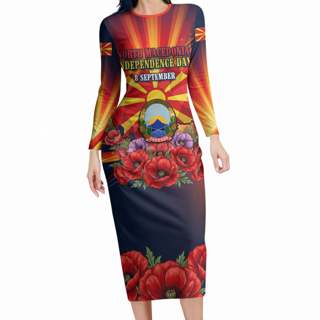 North Macedonia Independence Day Long Sleeve Bodycon Dress Balkan Lynx Red Poppy Flowers Church Flag