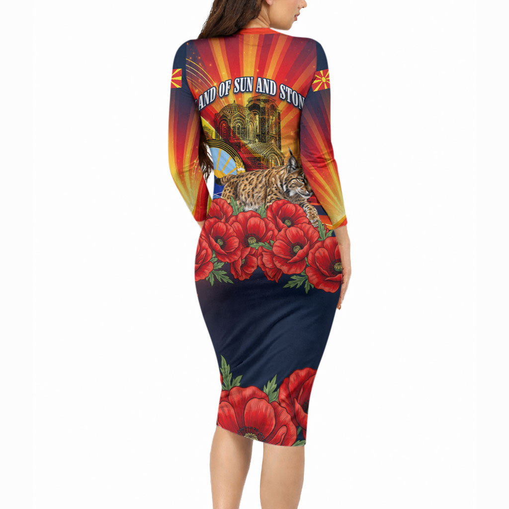North Macedonia Independence Day Long Sleeve Bodycon Dress Balkan Lynx Red Poppy Flowers Church Flag