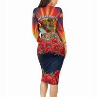 North Macedonia Independence Day Long Sleeve Bodycon Dress Balkan Lynx Red Poppy Flowers Church Flag