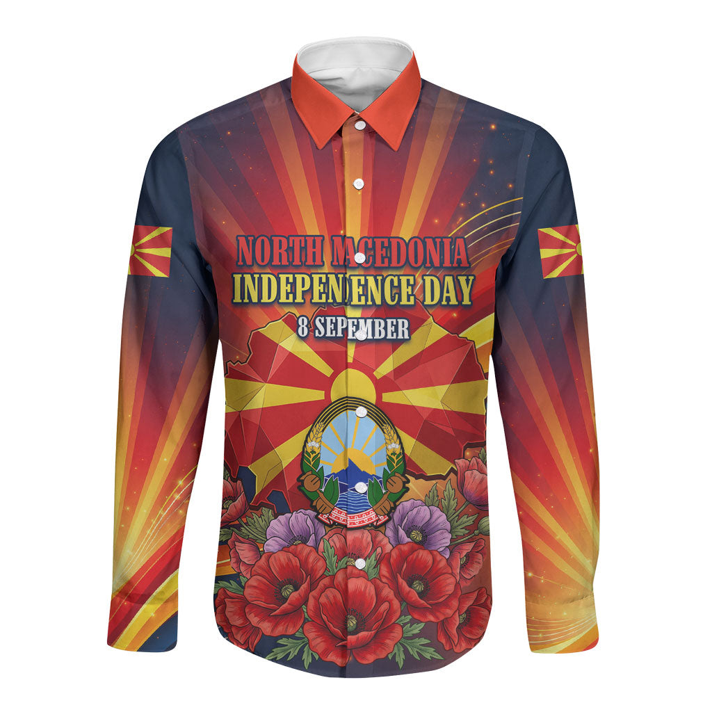 North Macedonia Independence Day Long Sleeve Button Shirt Balkan Lynx Red Poppy Flowers Church Flag
