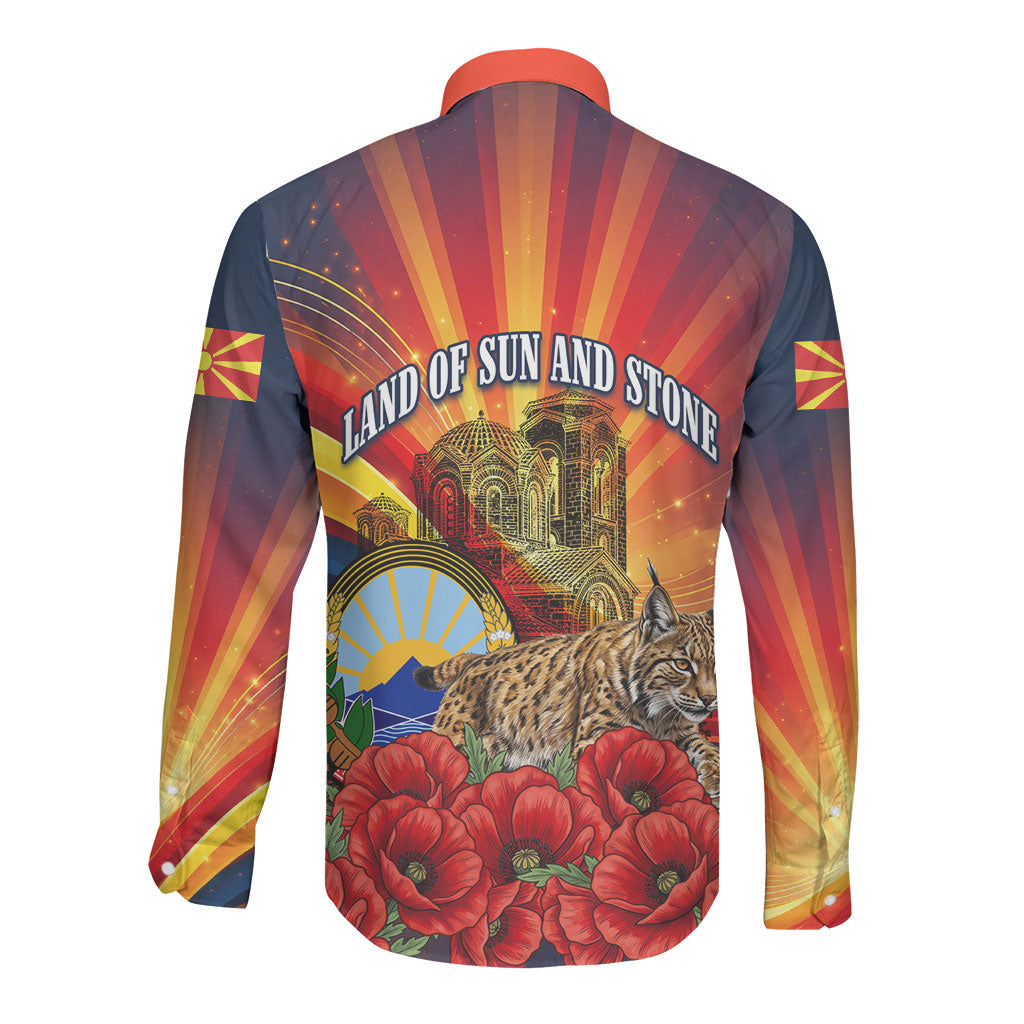 North Macedonia Independence Day Long Sleeve Button Shirt Balkan Lynx Red Poppy Flowers Church Flag