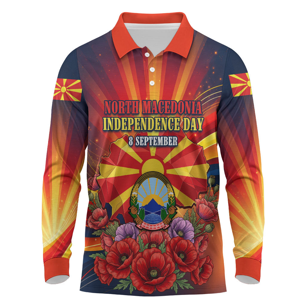 North Macedonia Independence Day Long Sleeve Polo Shirt Balkan Lynx Red Poppy Flowers Church Flag