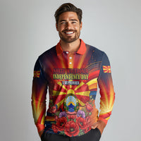 North Macedonia Independence Day Long Sleeve Polo Shirt Balkan Lynx Red Poppy Flowers Church Flag