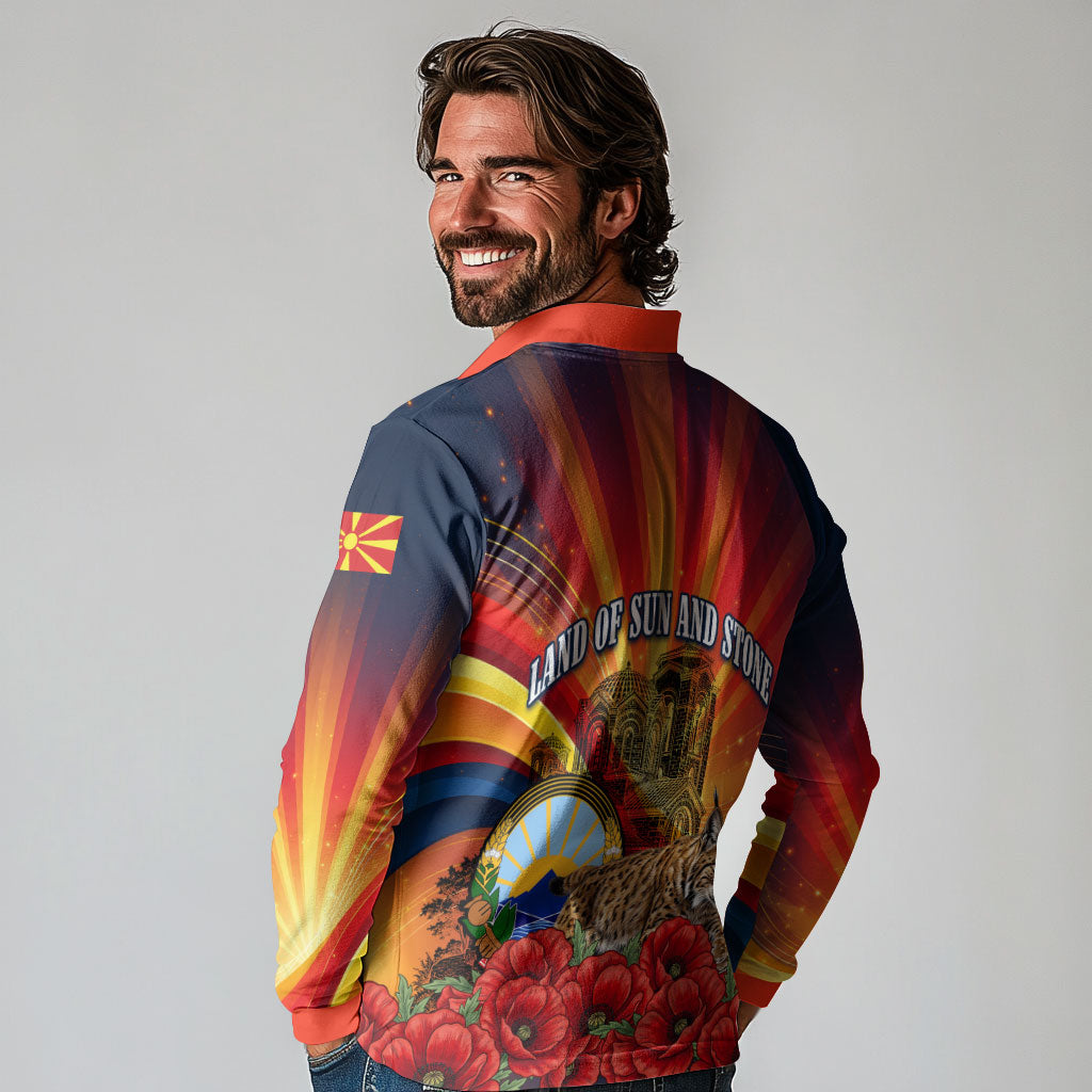 North Macedonia Independence Day Long Sleeve Polo Shirt Balkan Lynx Red Poppy Flowers Church Flag