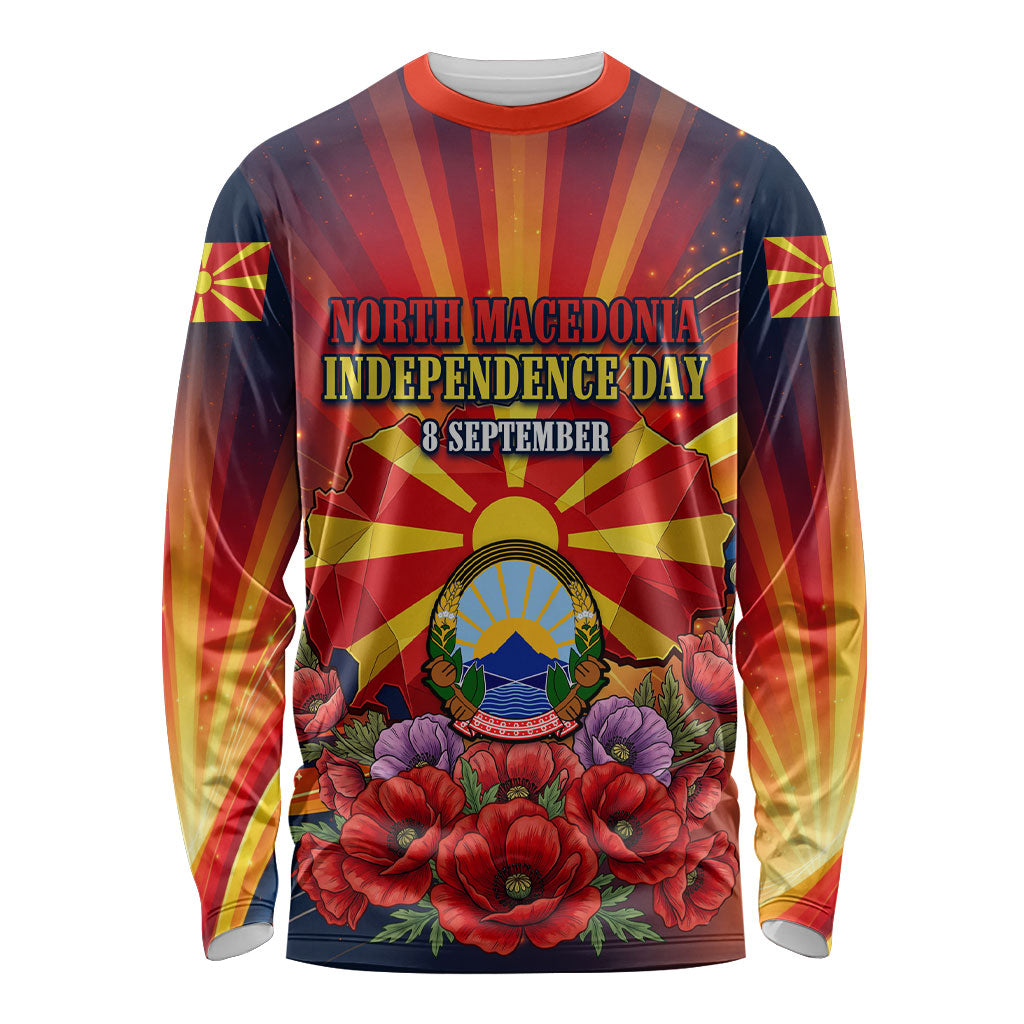 North Macedonia Independence Day Long Sleeve Shirt Balkan Lynx Red Poppy Flowers Church Flag