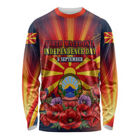 North Macedonia Independence Day Long Sleeve Shirt Balkan Lynx Red Poppy Flowers Church Flag