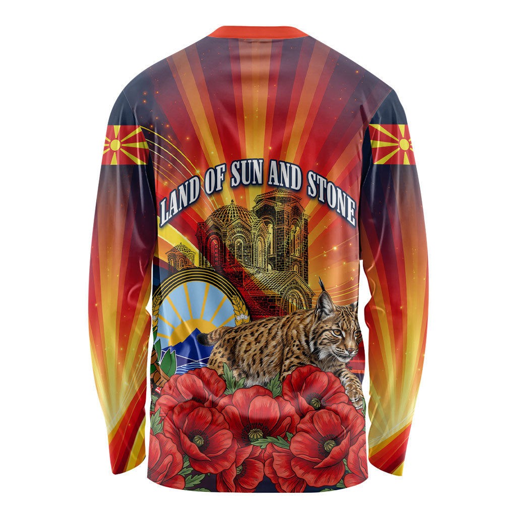 North Macedonia Independence Day Long Sleeve Shirt Balkan Lynx Red Poppy Flowers Church Flag